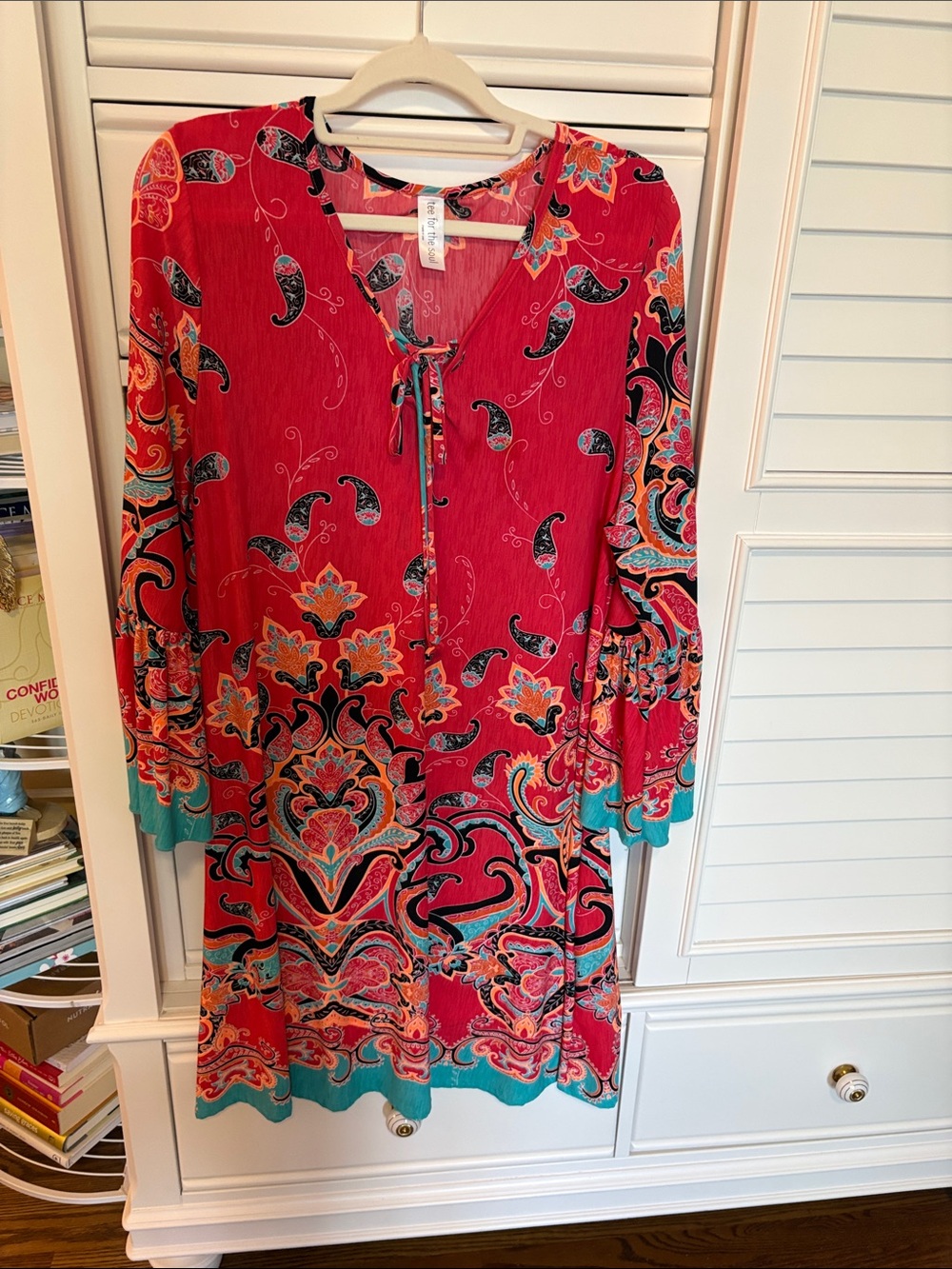 Red Paisley Midi Dress with Teal Trim and Tie Neck